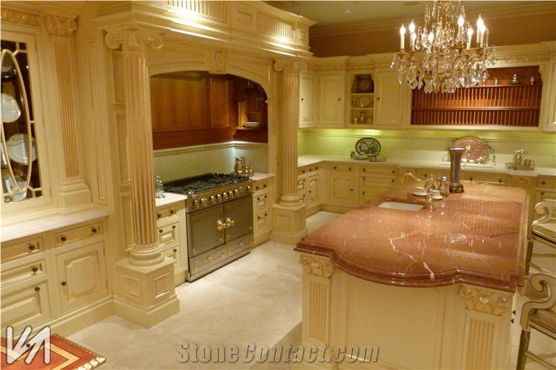 Rojo Quipar Marble Island Top, Solid Surface Perimeter Top