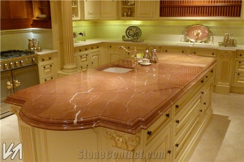 Rojo Quipar Marble Island Top, Solid Surface Perimeter Top