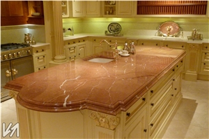 Rojo Quipar Marble Island Top, Solid Surface Perimeter Top