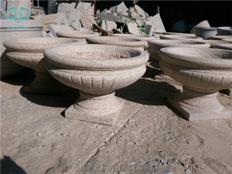 G681 Pink Granite Carved Goblet Shape Flower Stand Flower Pots