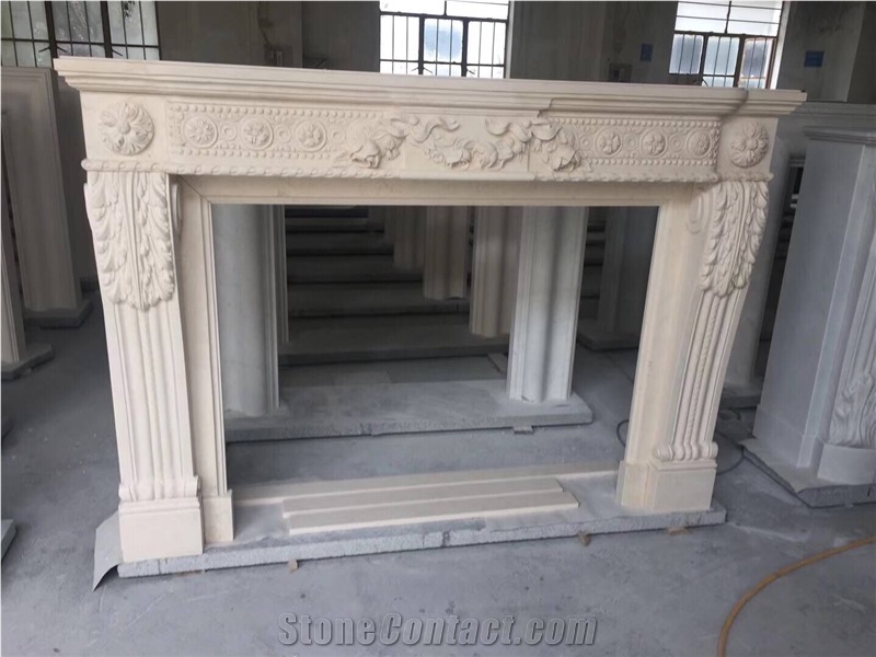 Beige Limestone Handcarving Fireplace Mantel,Interior Stone Covering