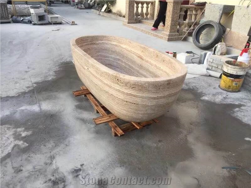 Custom Made Freestanding Bathtub Beige Travertine Bathtubs for Hotel