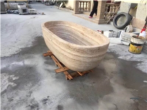Custom Made Freestanding Bathtub Beige Travertine Bathtubs for Hotel