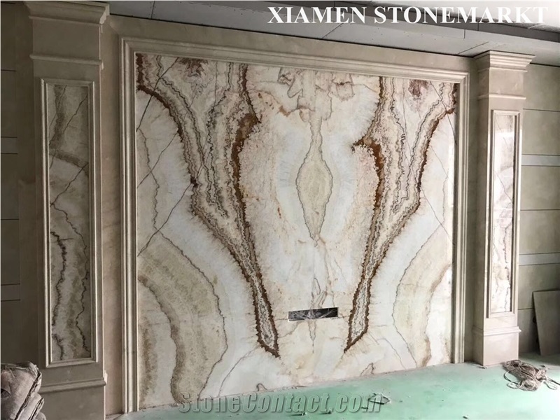 Rainbow Onyx Translucent Slab Cutting for Tv Background Vein Cut Bookmatched