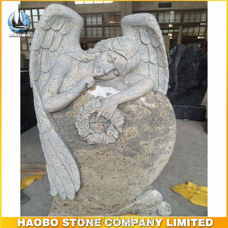 European Style Monument Kashmir White Headstone with Angel Carved