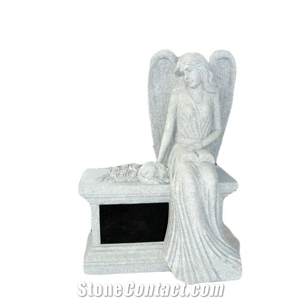 Pure White Granite Sitting Sweeping Angel Gravestone Slab for Portugal