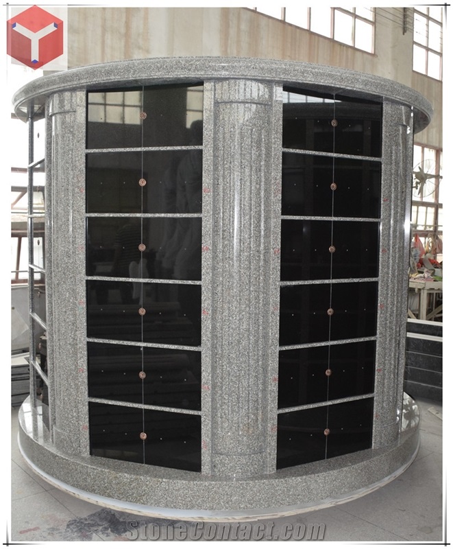 96 Niche Round Columbarium Gray Granite with Black Door in Cemetery