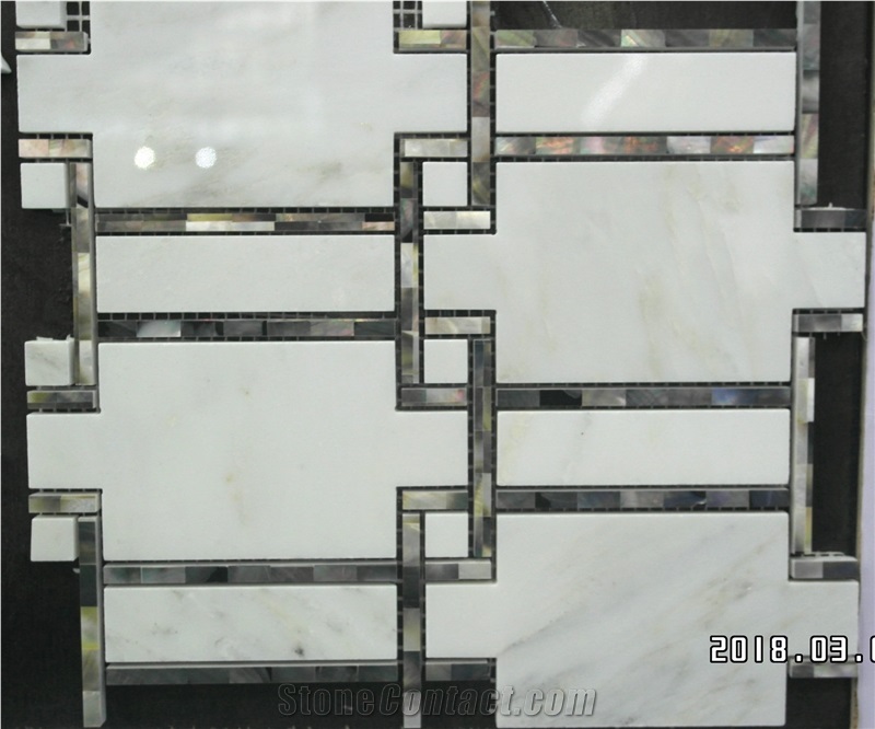 Oriental White Marble with Inlaid Crystal Shell Mosaic Tiles Design