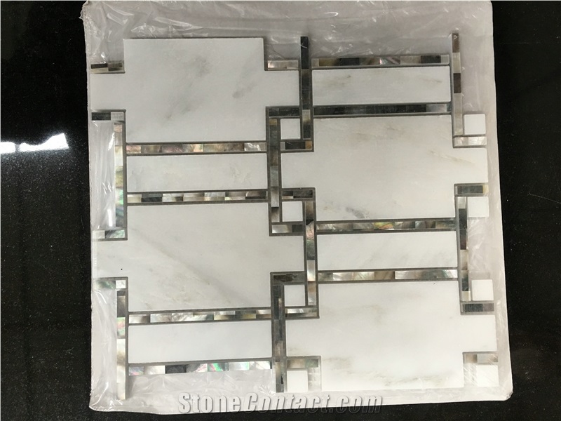 Oriental White Marble with Inlaid Crystal Shell Mosaic Tiles Design