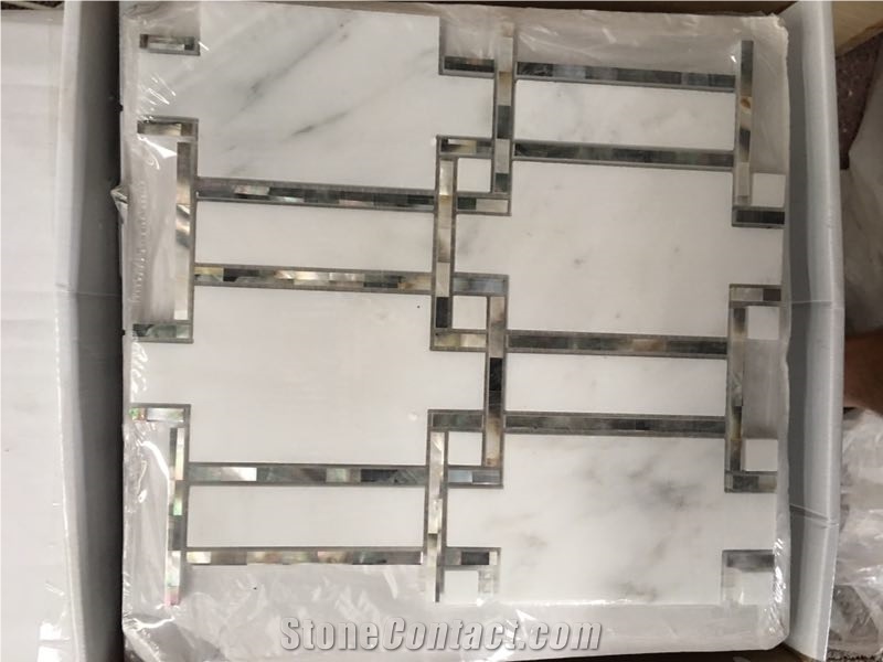 Oriental White Marble with Inlaid Crystal Shell Mosaic Tiles Design