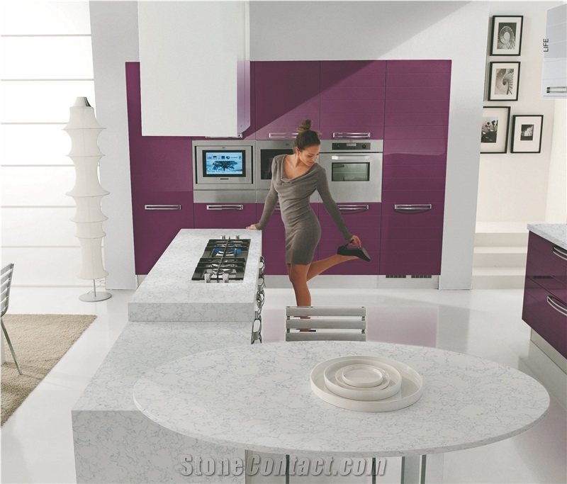 Spray Flower White Quartz Stone Customized Kitchen Countertop, Worktop