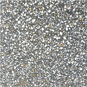 Terrazzo Tiles, Black with White & Yellow Particles, Tm005bl