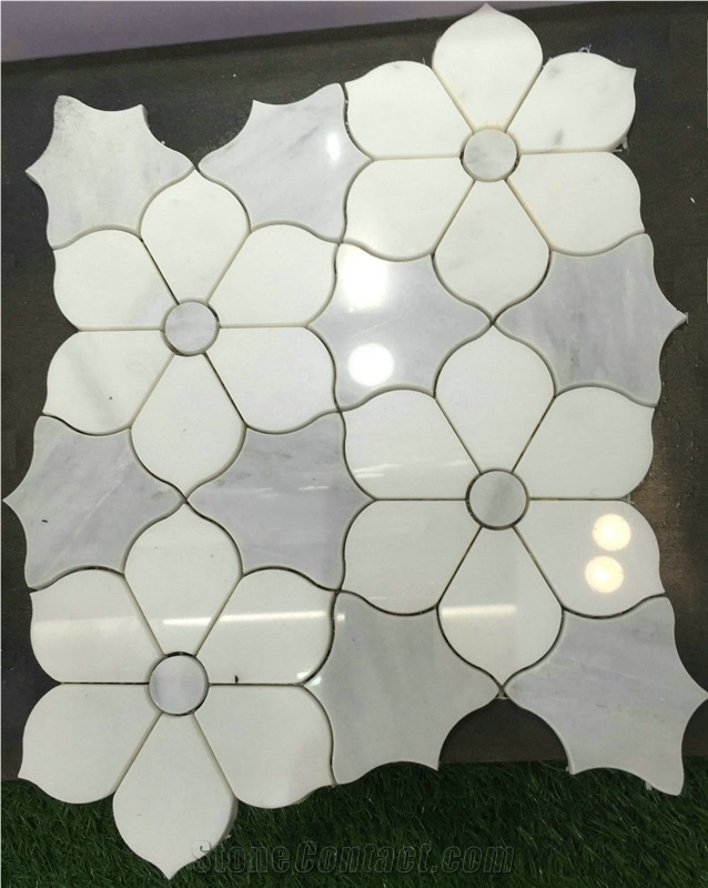 White & Grey Marble Water-Jet Mosaic Tiles, Flower Pattern Design