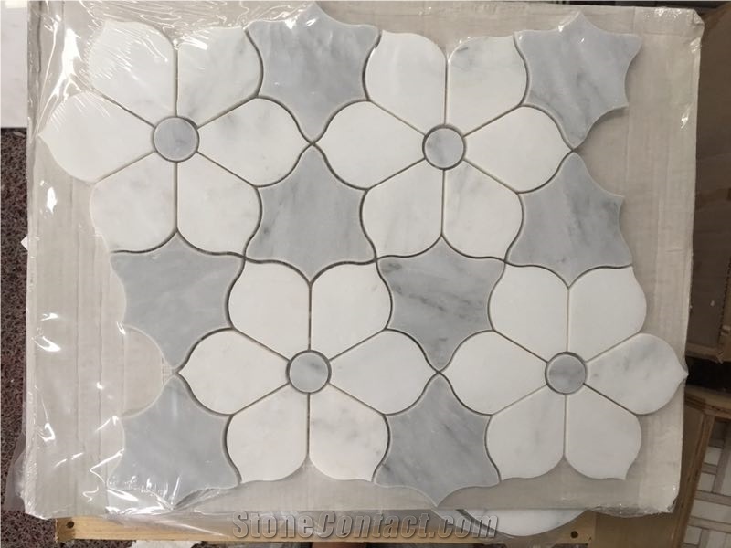 White & Grey Marble Water-Jet Mosaic Tiles, Flower Pattern Design