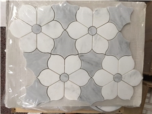 White & Grey Marble Water-Jet Mosaic Tiles, Flower Pattern Design