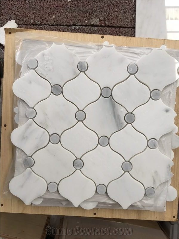 White & Grey Marble Water-Jet Mosaic Tiles, Lantern Type Design Mosaic