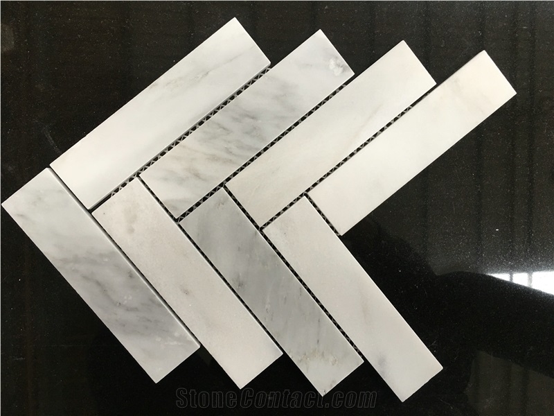 White Marble Mosaic, Big Herringbone Pattern, Wall/Floor Paving Tiles