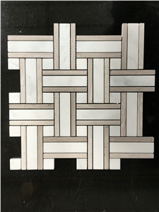 White & Wooden Grey Basketweave Pattern Composited Marble Mosaic Tiles