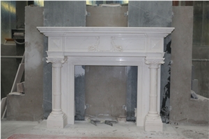 Hand Carved White Marble Fireplace Antiqued Finish Column Design