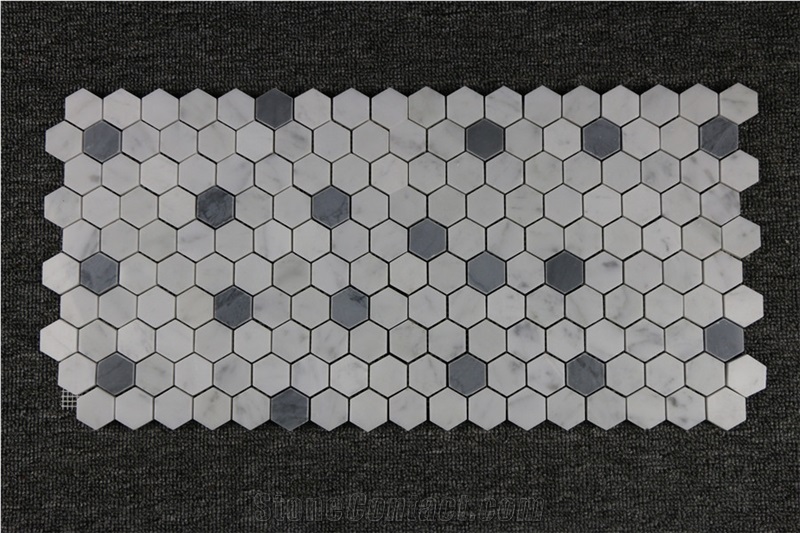 Hexagon Bianco Carrara White,Bardiglio Light Polished Marble Mosaics