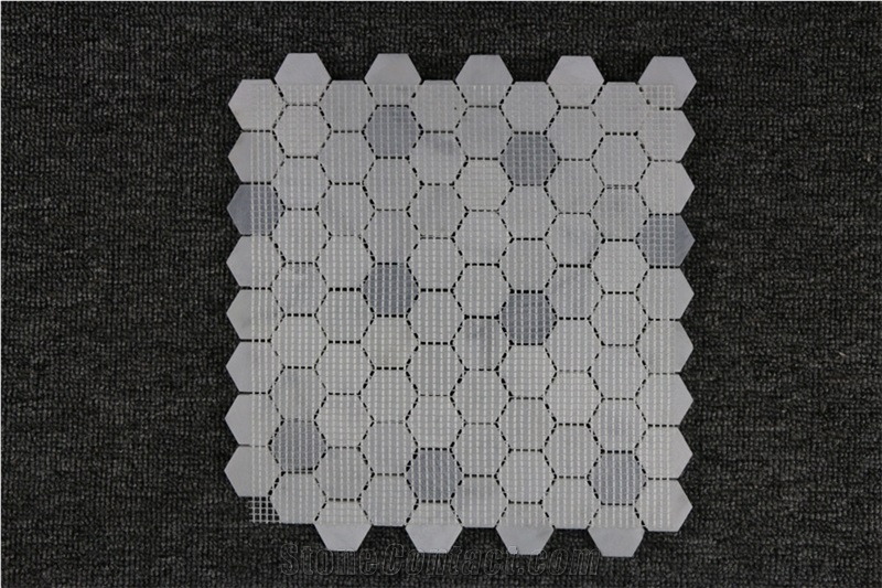 Hexagon Bianco Carrara White,Bardiglio Light Polished Marble Mosaics