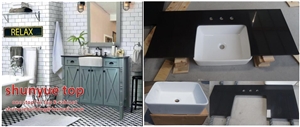 Pure Black Artificial Quartz Vanity Top with Fly Out Ceramic Sink
