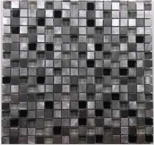 Black Crystal Glass Mix Aluminum Metal Mosaic Mesh Mounted Tile