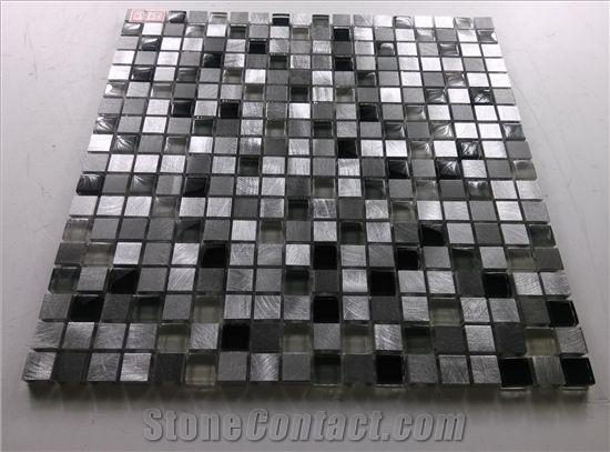 Black Crystal Glass Mix Aluminum Metal Mosaic Mesh Mounted Tile