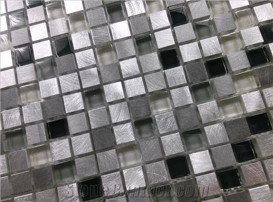 Black Crystal Glass Mix Aluminum Metal Mosaic Mesh Mounted Tile