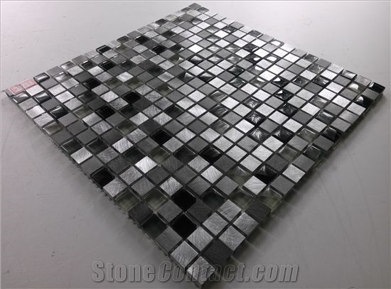 Black Crystal Glass Mix Aluminum Metal Mosaic Mesh Mounted Tile