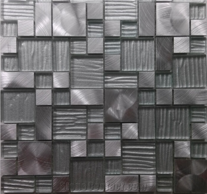 Cold Spray Crystal Glass Mix Aluminum Metal Mosaic Mesh Mounted Tile