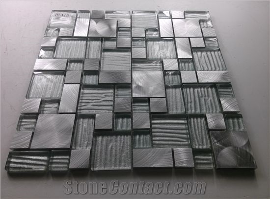 Cold Spray Crystal Glass Mix Aluminum Metal Mosaic Mesh Mounted Tile