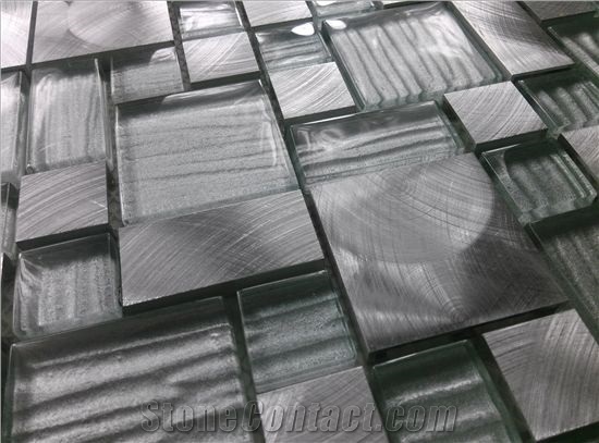 Cold Spray Crystal Glass Mix Aluminum Metal Mosaic Mesh Mounted Tile