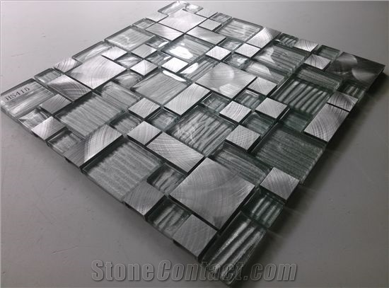 Cold Spray Crystal Glass Mix Aluminum Metal Mosaic Mesh Mounted Tile