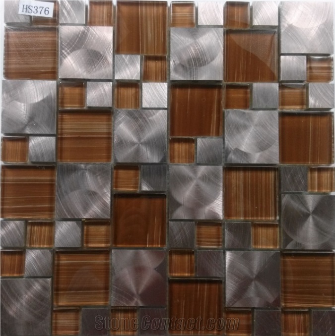 Orange Color Glass Mix Silver Aluminum Metal Mosaic Mesh Mounted Tile