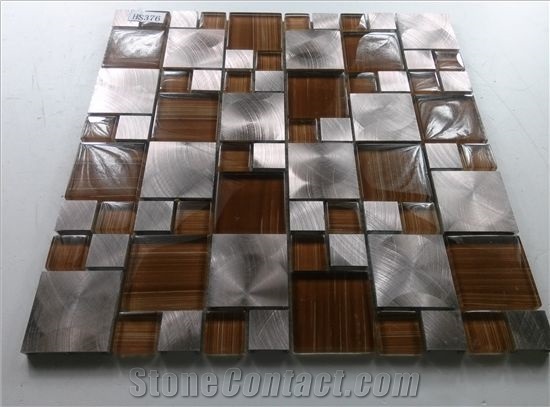 Orange Color Glass Mix Silver Aluminum Metal Mosaic Mesh Mounted Tile