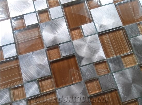 Orange Color Glass Mix Silver Aluminum Metal Mosaic Mesh Mounted Tile