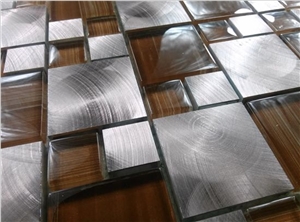 Orange Color Glass Mix Silver Aluminum Metal Mosaic Mesh Mounted Tile