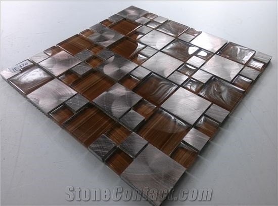 Orange Color Glass Mix Silver Aluminum Metal Mosaic Mesh Mounted Tile
