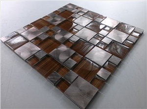Orange Color Glass Mix Silver Aluminum Metal Mosaic Mesh Mounted Tile