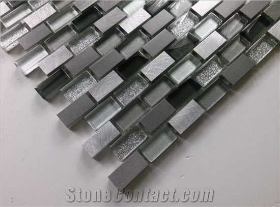 Random Brick Mesh Mounted Crystal Glass Mix Aluminum Metal Mosaic