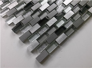 Random Brick Mesh Mounted Crystal Glass Mix Aluminum Metal Mosaic