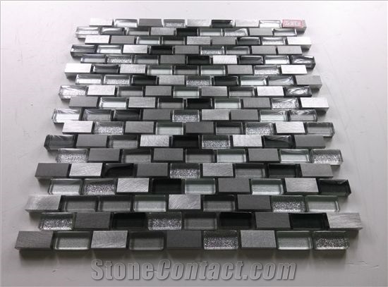Random Brick Mesh Mounted Crystal Glass Mix Aluminum Metal Mosaic