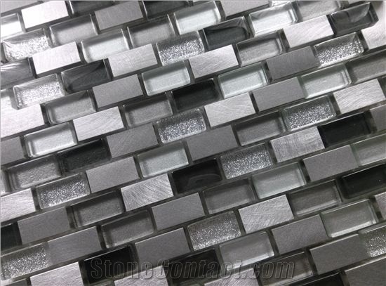 Random Brick Mesh Mounted Crystal Glass Mix Aluminum Metal Mosaic