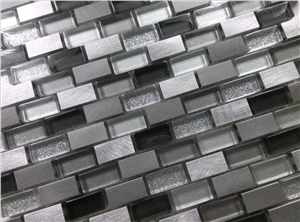Random Brick Mesh Mounted Crystal Glass Mix Aluminum Metal Mosaic