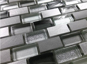 Random Brick Mesh Mounted Crystal Glass Mix Aluminum Metal Mosaic