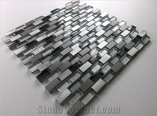 Random Brick Mesh Mounted Crystal Glass Mix Aluminum Metal Mosaic