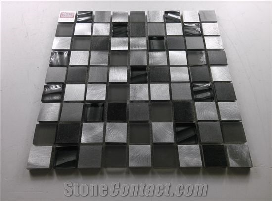 Square Glass Mix Aluminum Mosaic Black and Silver Mesh Mounted Tile