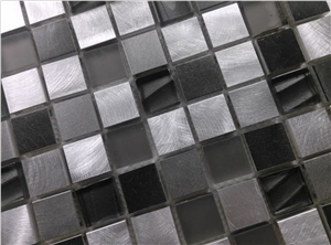 Square Glass Mix Aluminum Mosaic Black and Silver Mesh Mounted Tile