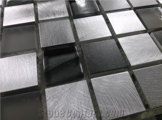 Square Glass Mix Aluminum Mosaic Black and Silver Mesh Mounted Tile